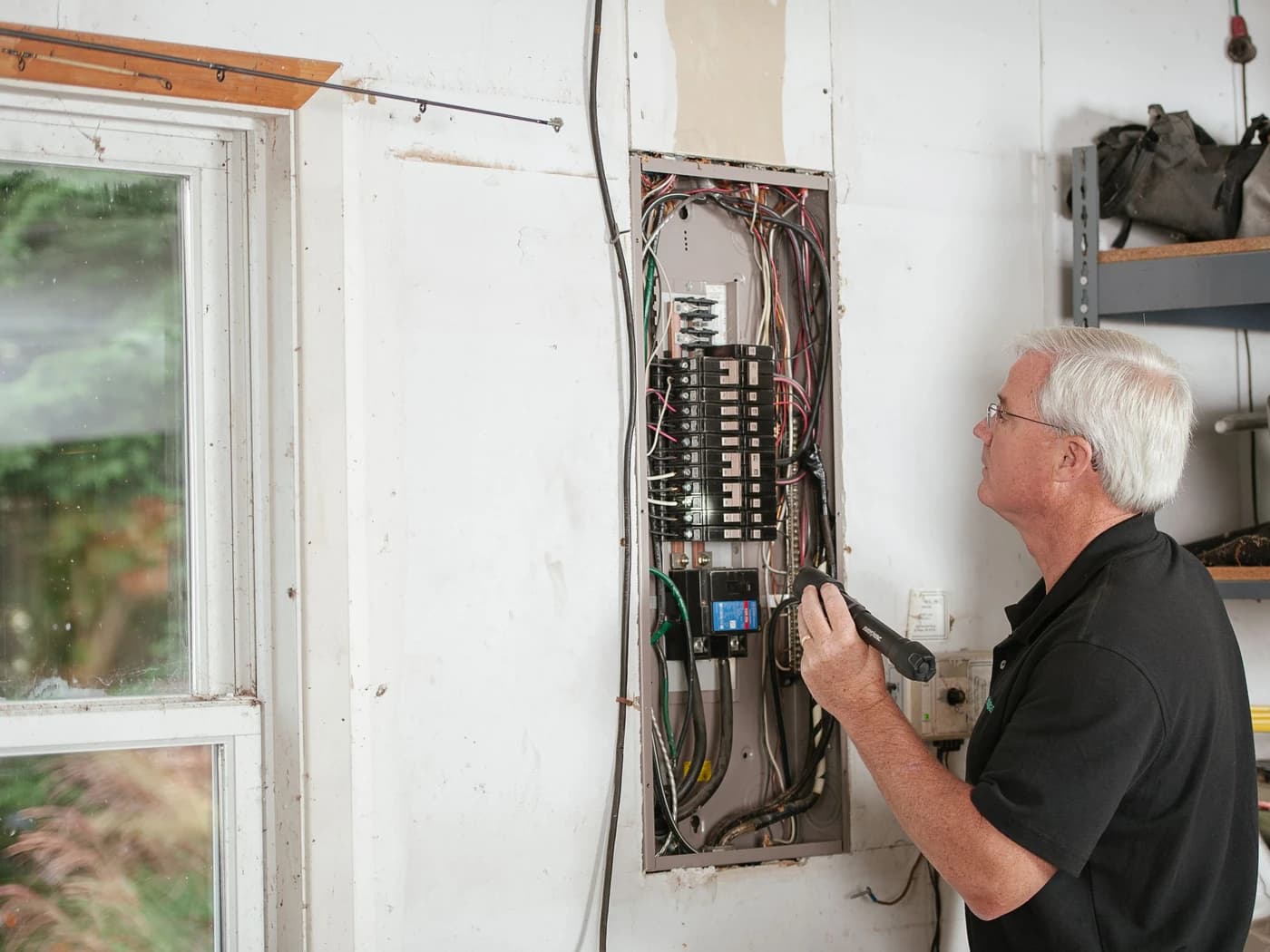Electrician inspecting a home switchboard